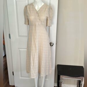 MONGDOL V neck size small 1960 style beige pencil dress rayon linen blend